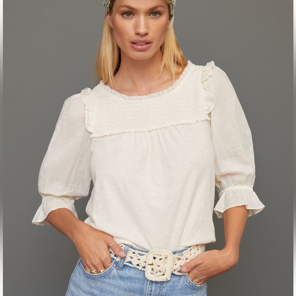 NWT Anthropologie Smocked Puff-Sleeve Top